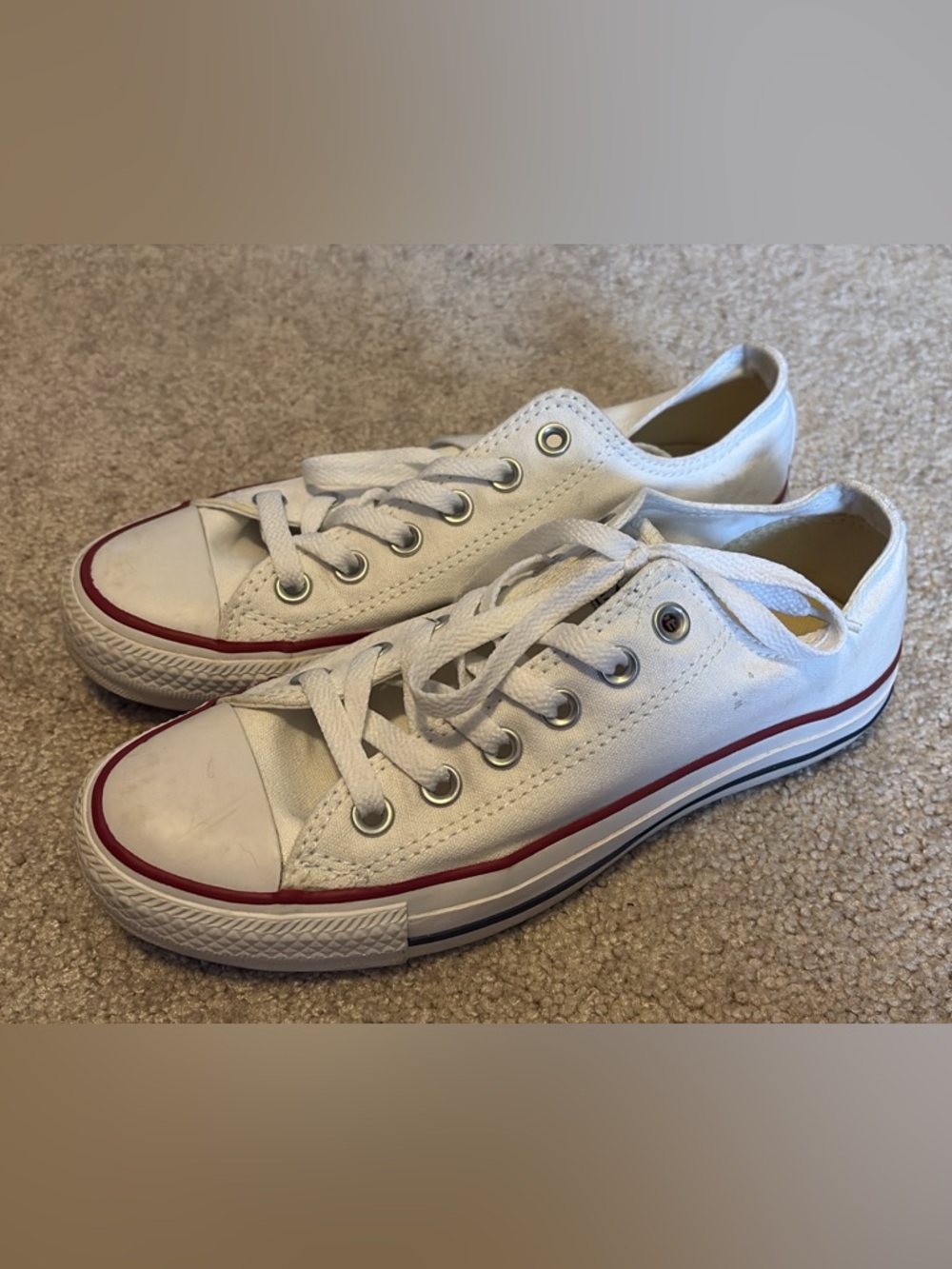 White Low-Top Canvas Shoes with Red Stripe Mens size 5/Womens size 7